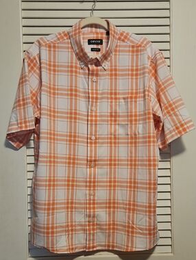 Orvis Men’s Orange and White Plaid Short-Sleeve Button-Down Shirt